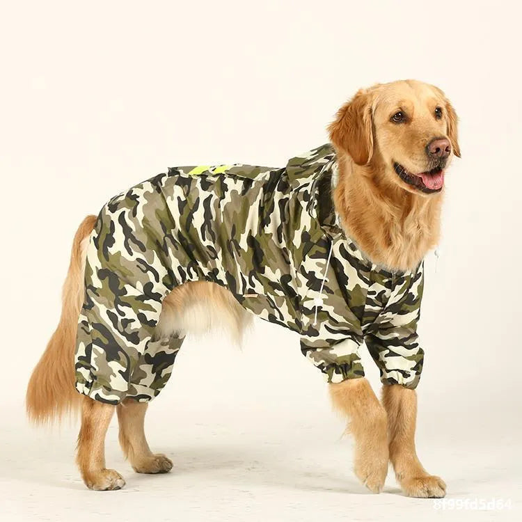 Green camouflage dog raincoat for large breeds with four-leg coverage and fluorescent strips, shown on a standing dog