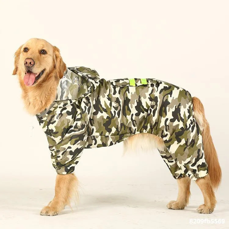 Green camouflage dog raincoat for large breeds with four-leg coverage and fluorescent strips, shown on a standing dog