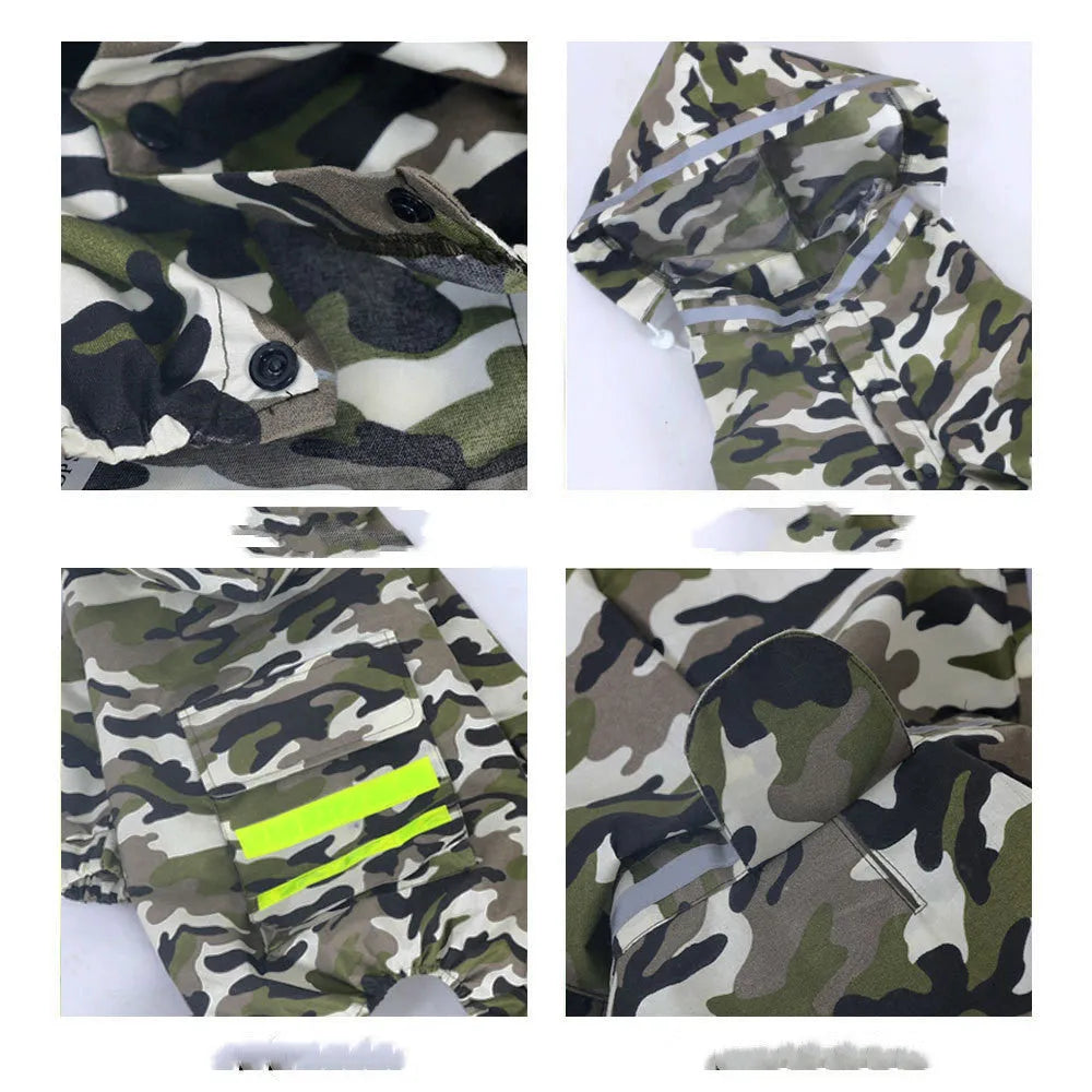 Green camouflage dog raincoat for large breeds with four-leg coverage and fluorescent strips, shown on a standing dog