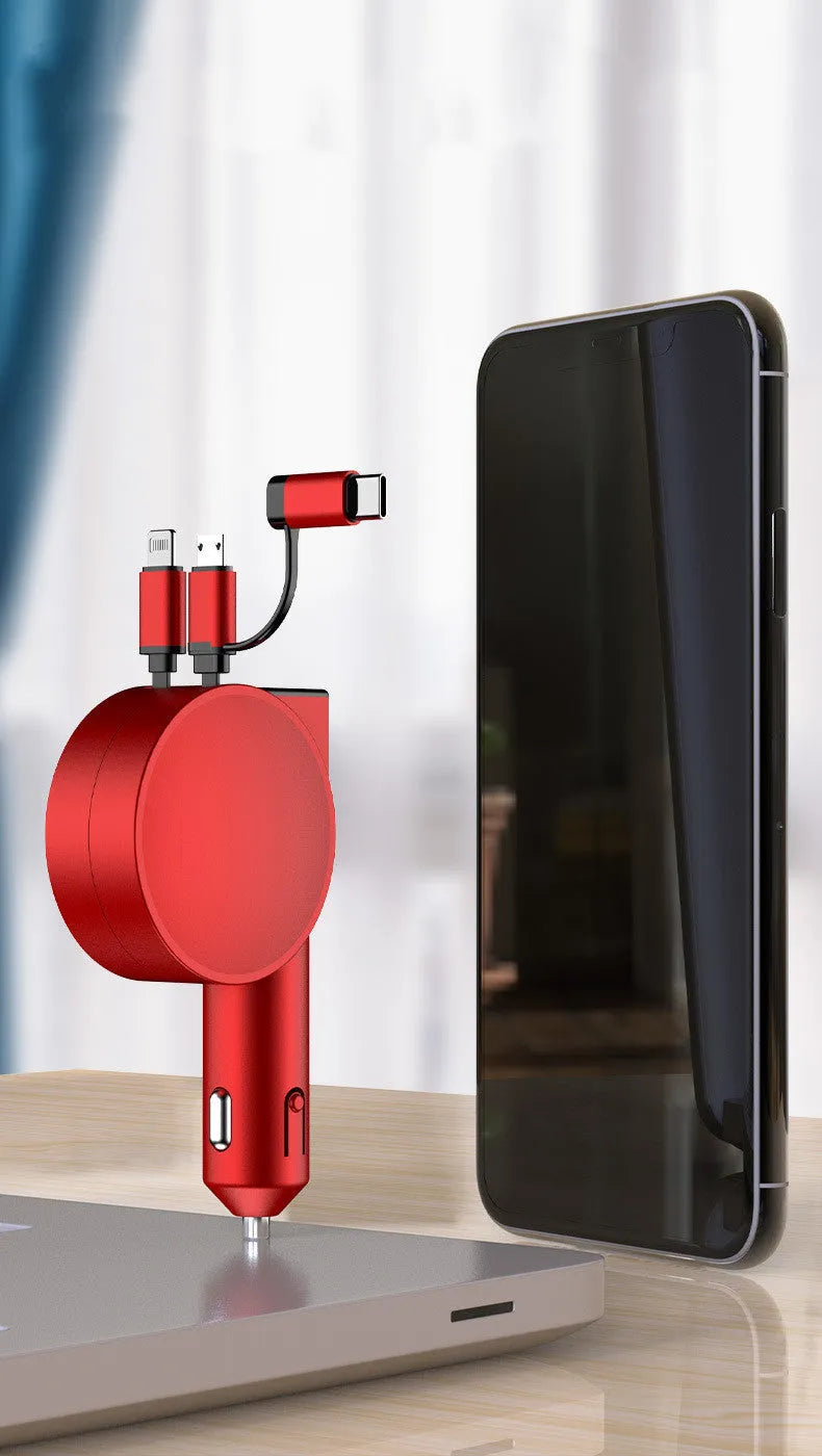 Two Wire Retractable 60 Fast Charging Car Charger in red colour with ABS material