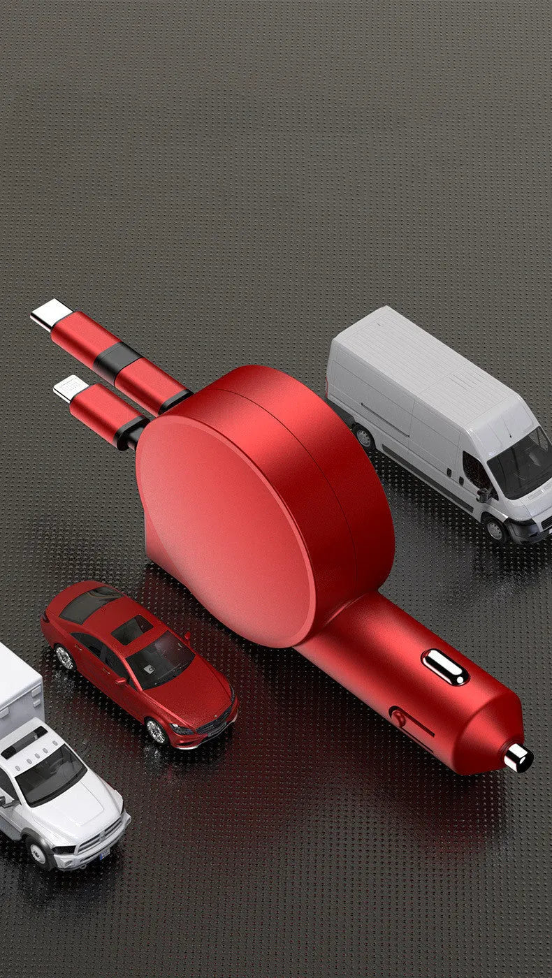 Two Wire Retractable 60 Fast Charging Car Charger in red colour with ABS material