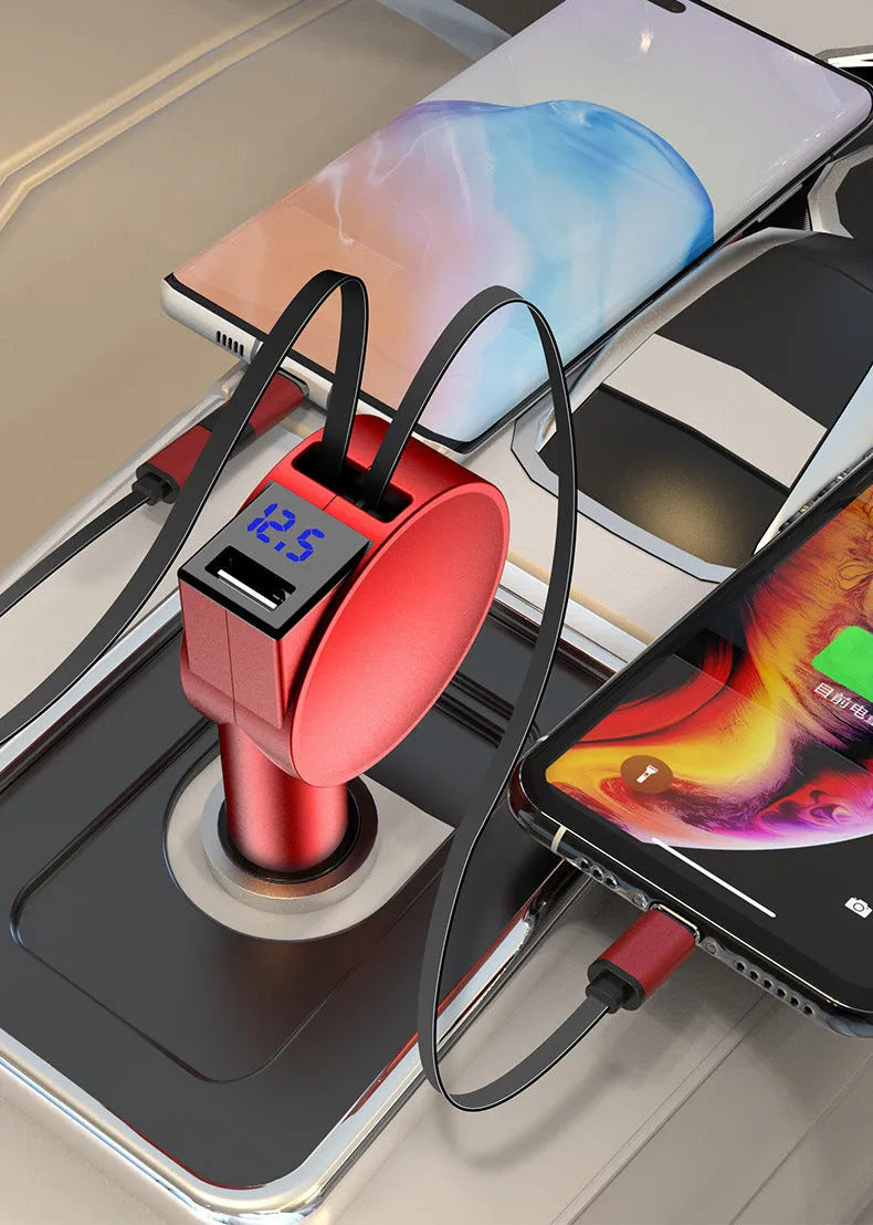 Two Wire Retractable 60 Fast Charging Car Charger in red colour with ABS material