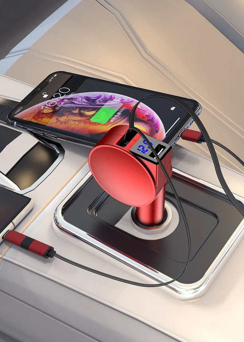 Two Wire Retractable 60 Fast Charging Car Charger in red colour with ABS material