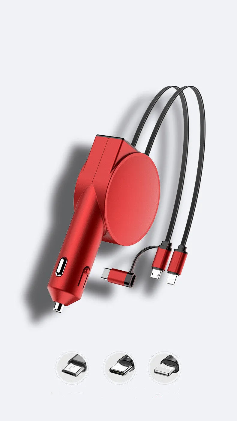 Two Wire Retractable 60 Fast Charging Car Charger in red colour with ABS material