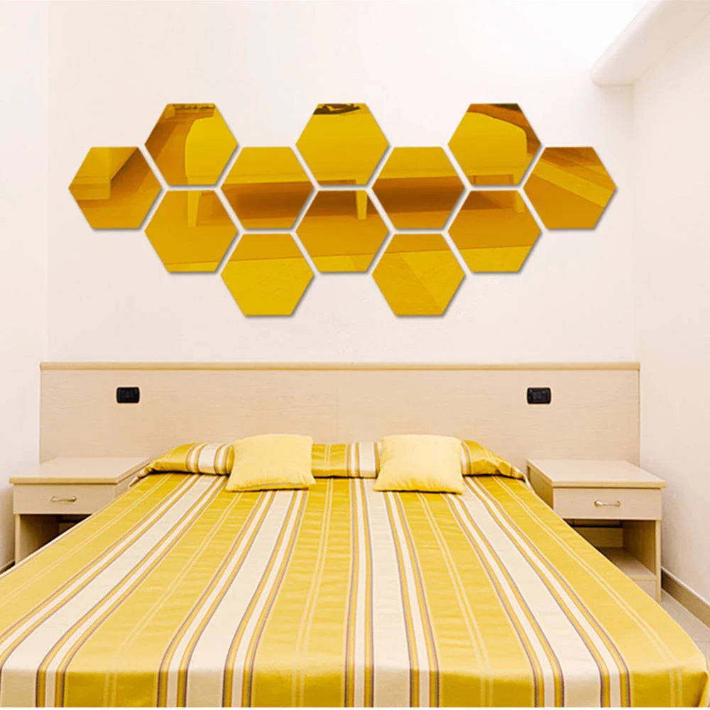 Stylish Hexagonal Mirror Wall Art in Silver, Gold, and Blue Tones for Modern Kiwi Decor