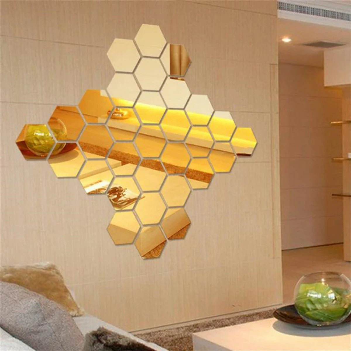 Stylish Hexagonal Mirror Wall Art in Silver, Gold, and Blue Tones for Modern Kiwi Decor