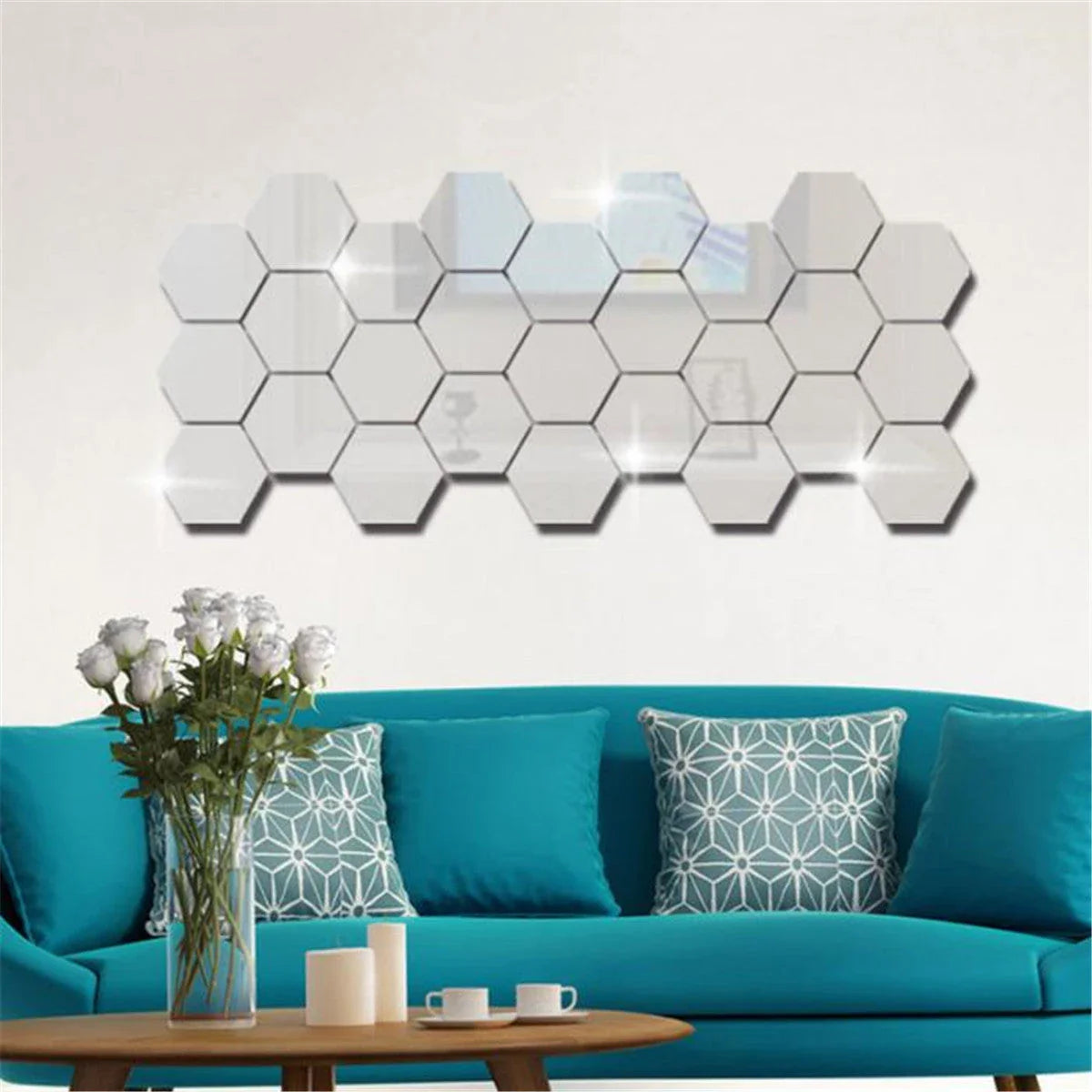 Stylish Hexagonal Mirror Wall Art in Silver, Gold, and Blue Tones for Modern Kiwi Decor