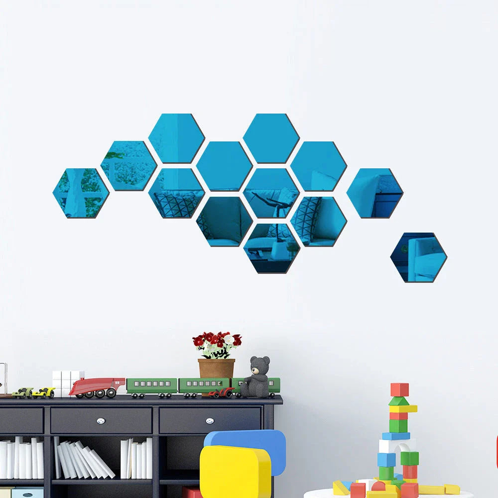 Stylish Hexagonal Mirror Wall Art in Silver, Gold, and Blue Tones for Modern Kiwi Decor