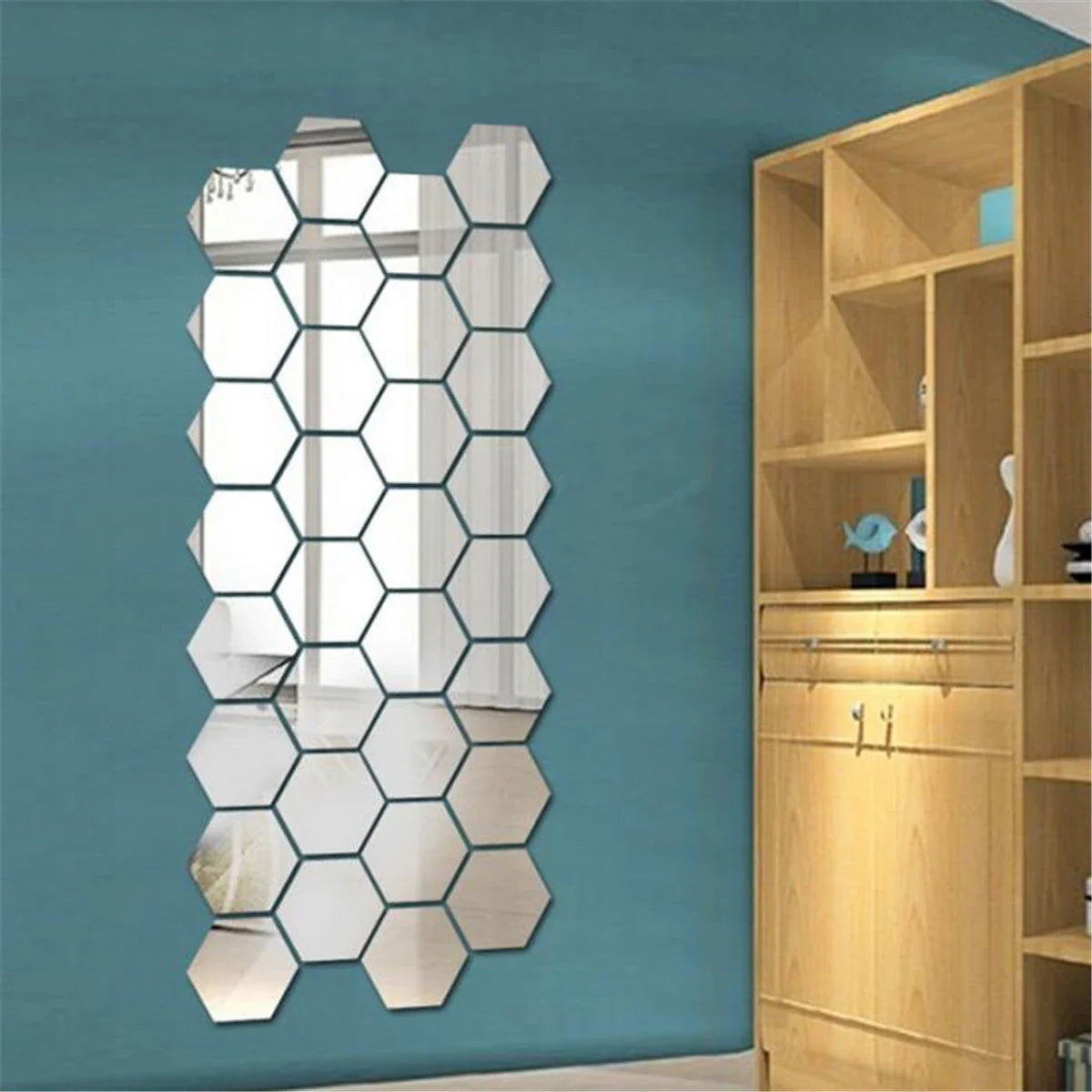 Stylish Hexagonal Mirror Wall Art in Silver, Gold, and Blue Tones for Modern Kiwi Decor