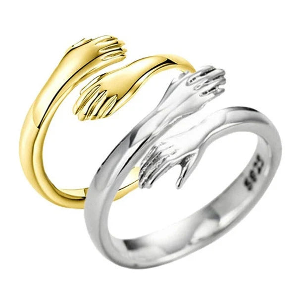 Adjustable Alloy Hands Hug Ring in silver and gold with geometry design