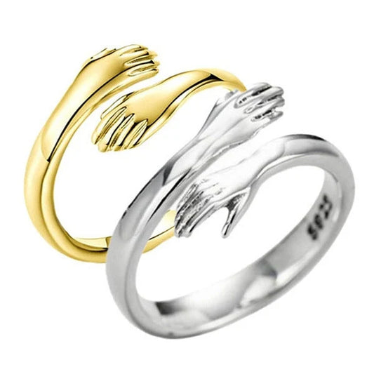 Adjustable Alloy Hands Hug Ring in silver and gold with geometry design