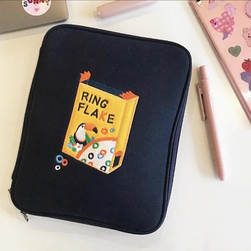 Pearl-material liner bag with Korean embroidery toast design for 11 inch or 13 inch devices, Royal Blue and Yellow available
