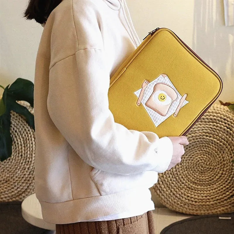 Pearl-material liner bag with Korean embroidery toast design for 11 inch or 13 inch devices, Royal Blue and Yellow available