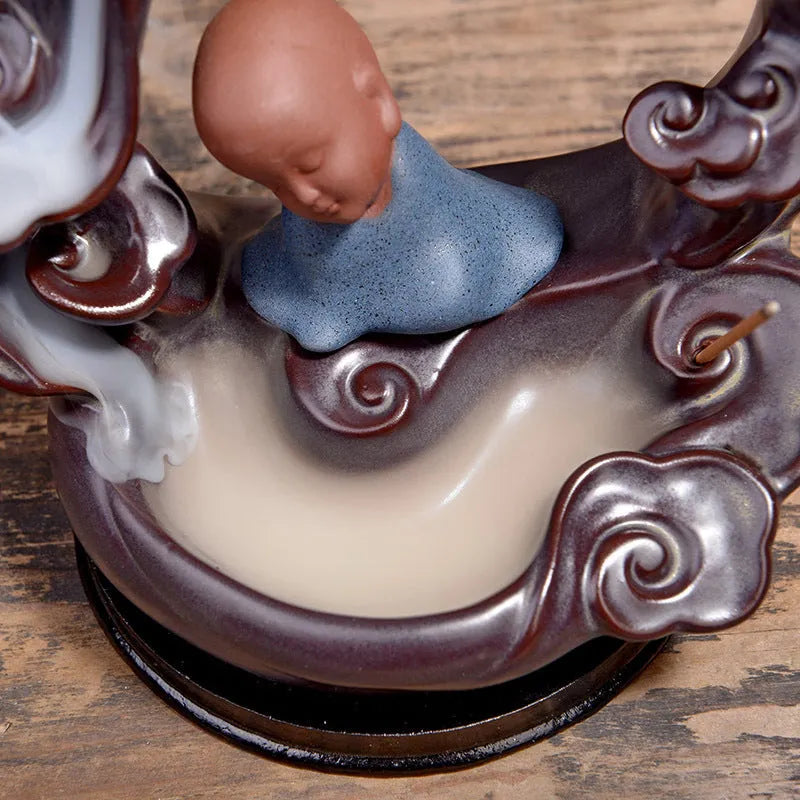 Mini ceramic backflow incense burner with antique purple sand finish in Zen Lotus Pond Yellow colour