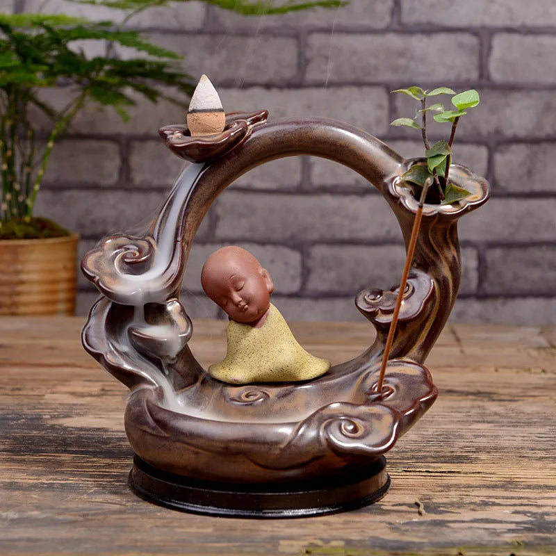 Mini ceramic backflow incense burner with antique purple sand finish in Zen Lotus Pond Yellow colour