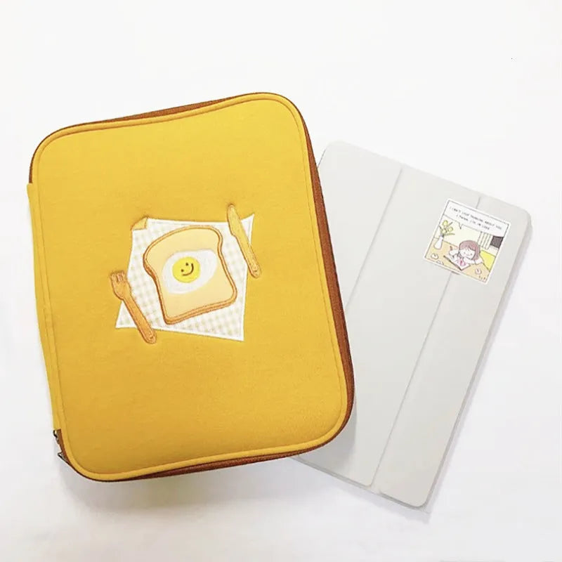 Pearl-material liner bag with Korean embroidery toast design for 11 inch or 13 inch devices, Royal Blue and Yellow available