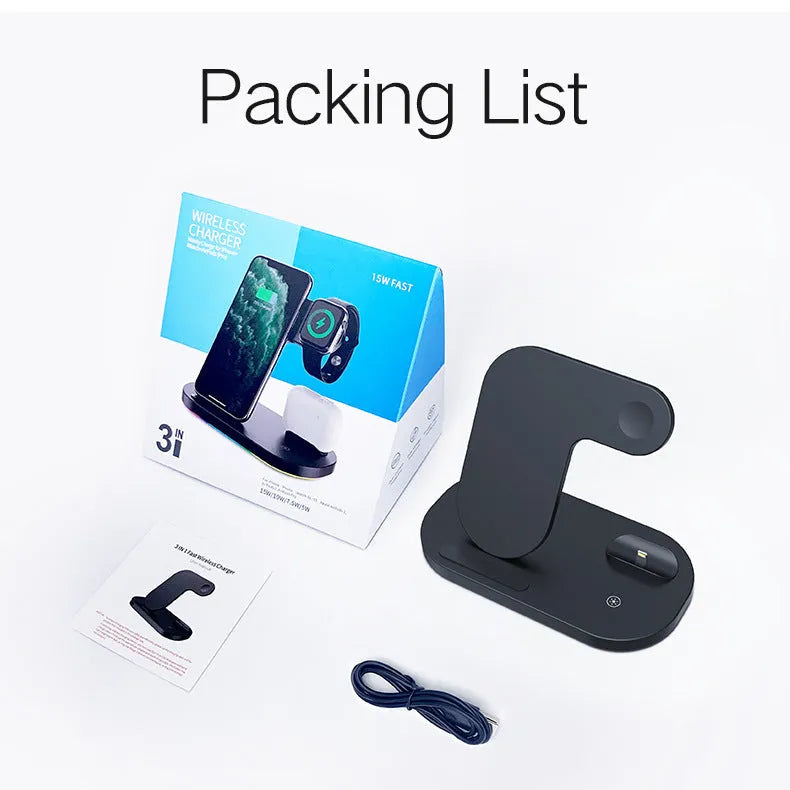 Black folding 3-in-1 wireless charging station for Apple iPhone and AirPods Pro with indicator light