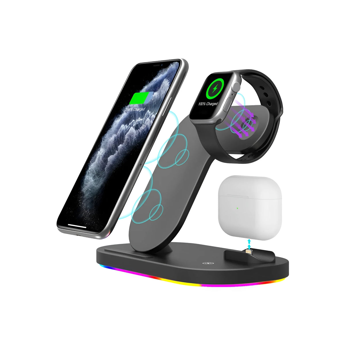 Black folding 3-in-1 wireless charging station for Apple iPhone and AirPods Pro with indicator light