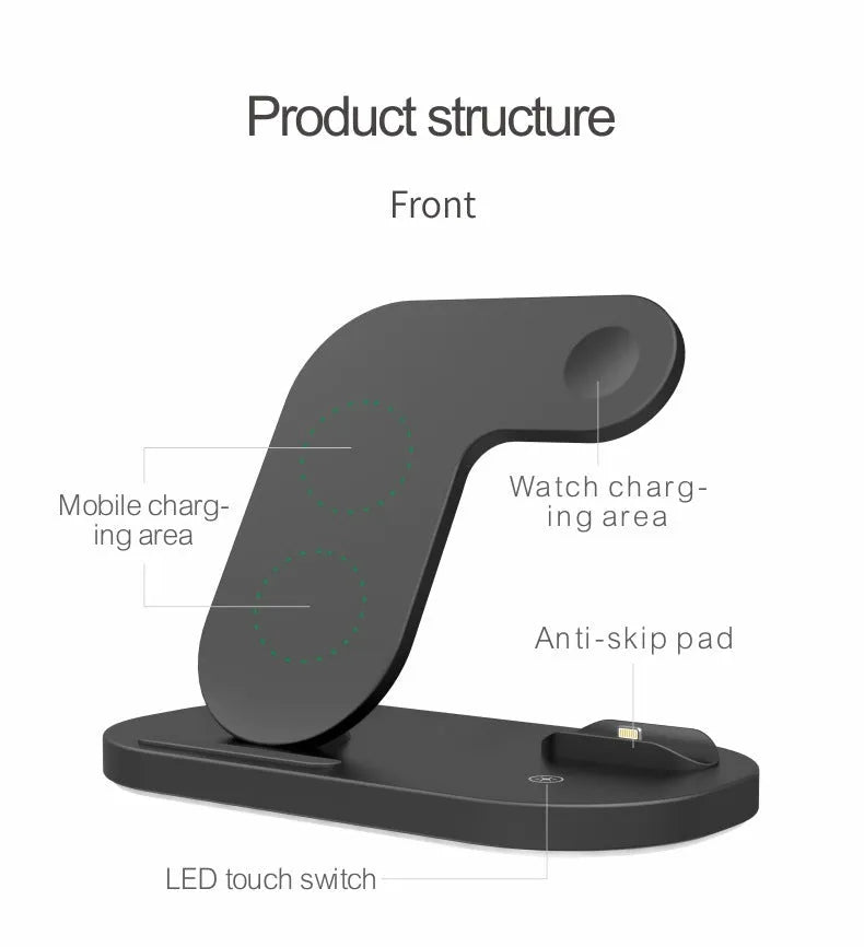 Black folding 3-in-1 wireless charging station for Apple iPhone and AirPods Pro with indicator light
