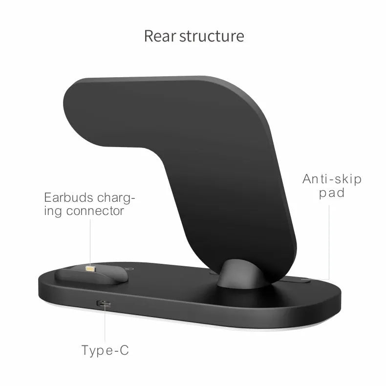 Black folding 3-in-1 wireless charging station for Apple iPhone and AirPods Pro with indicator light