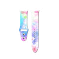 Colourful tie-dye and patterned silicone watch bands for Apple Watch SE on a white background.