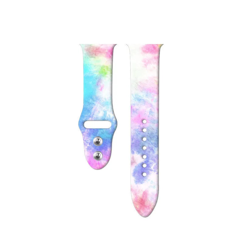 Colourful tie-dye and patterned silicone watch bands for Apple Watch SE on a white background.