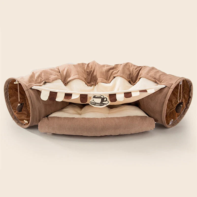 Collapsible cat tunnel in durable cloth, perfect for indoor play and easy storage