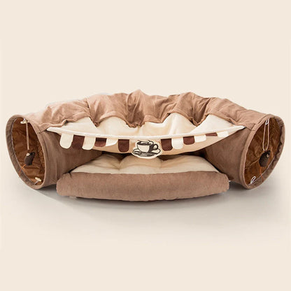 Collapsible cat tunnel in durable cloth, perfect for indoor play and easy storage