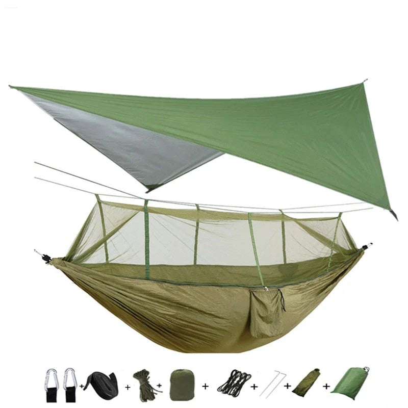 Parachute hammock with mosquito net in various colors and sizes, ideal for outdoor adventures and relaxation