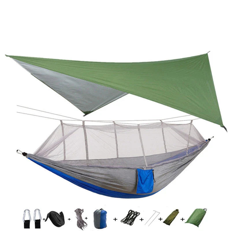 Parachute hammock with mosquito net in various colors and sizes, ideal for outdoor adventures and relaxation