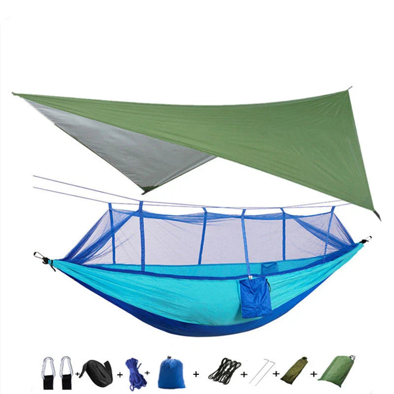 Parachute hammock with mosquito net in various colors and sizes, ideal for outdoor adventures and relaxation