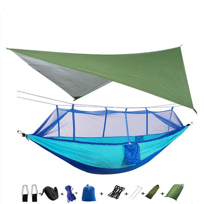 Parachute hammock with mosquito net in various colors and sizes, ideal for outdoor adventures and relaxation