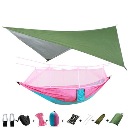 Parachute hammock with mosquito net in various colors and sizes, ideal for outdoor adventures and relaxation