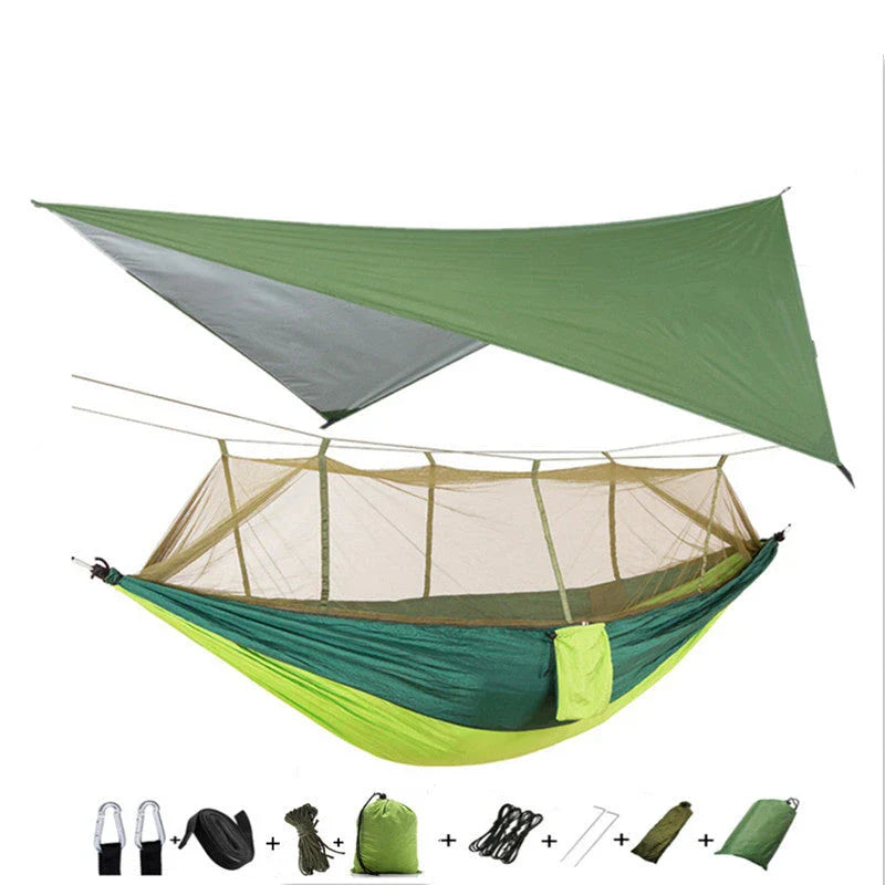Parachute hammock with mosquito net in various colors and sizes, ideal for outdoor adventures and relaxation