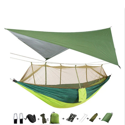 Parachute hammock with mosquito net in various colors and sizes, ideal for outdoor adventures and relaxation