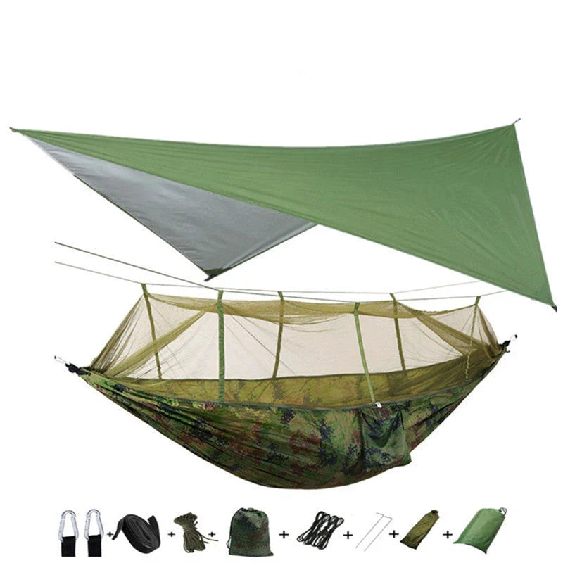 Parachute hammock with mosquito net in various colors and sizes, ideal for outdoor adventures and relaxation