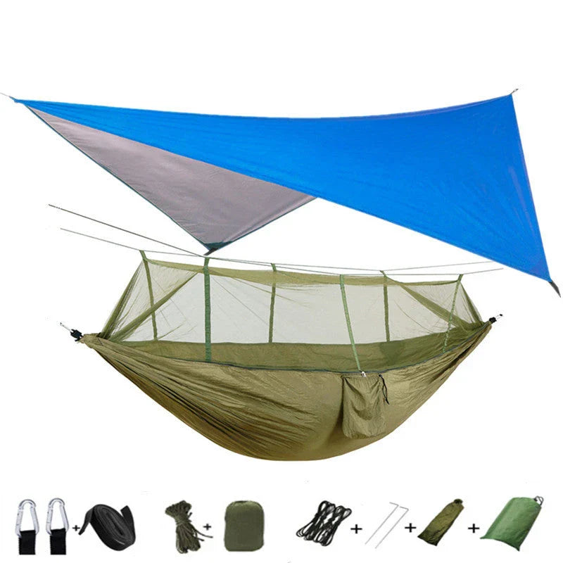Parachute hammock with mosquito net in various colors and sizes, ideal for outdoor adventures and relaxation
