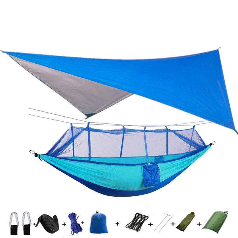 Parachute hammock with mosquito net in various colors and sizes, ideal for outdoor adventures and relaxation