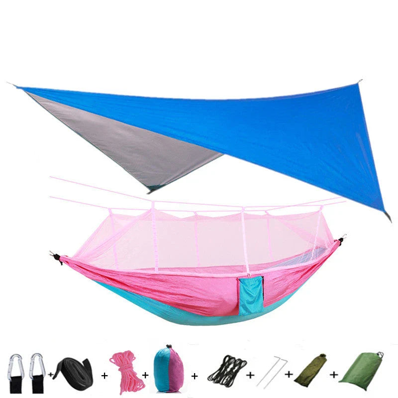 Parachute hammock with mosquito net in various colors and sizes, ideal for outdoor adventures and relaxation