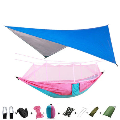 Parachute hammock with mosquito net in various colors and sizes, ideal for outdoor adventures and relaxation