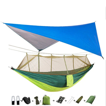 Parachute hammock with mosquito net in various colors and sizes, ideal for outdoor adventures and relaxation