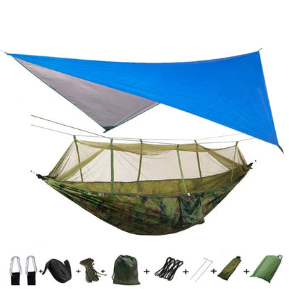 Parachute hammock with mosquito net in various colors and sizes, ideal for outdoor adventures and relaxation