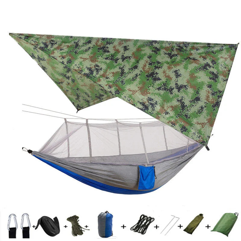 Parachute hammock with mosquito net in various colors and sizes, ideal for outdoor adventures and relaxation