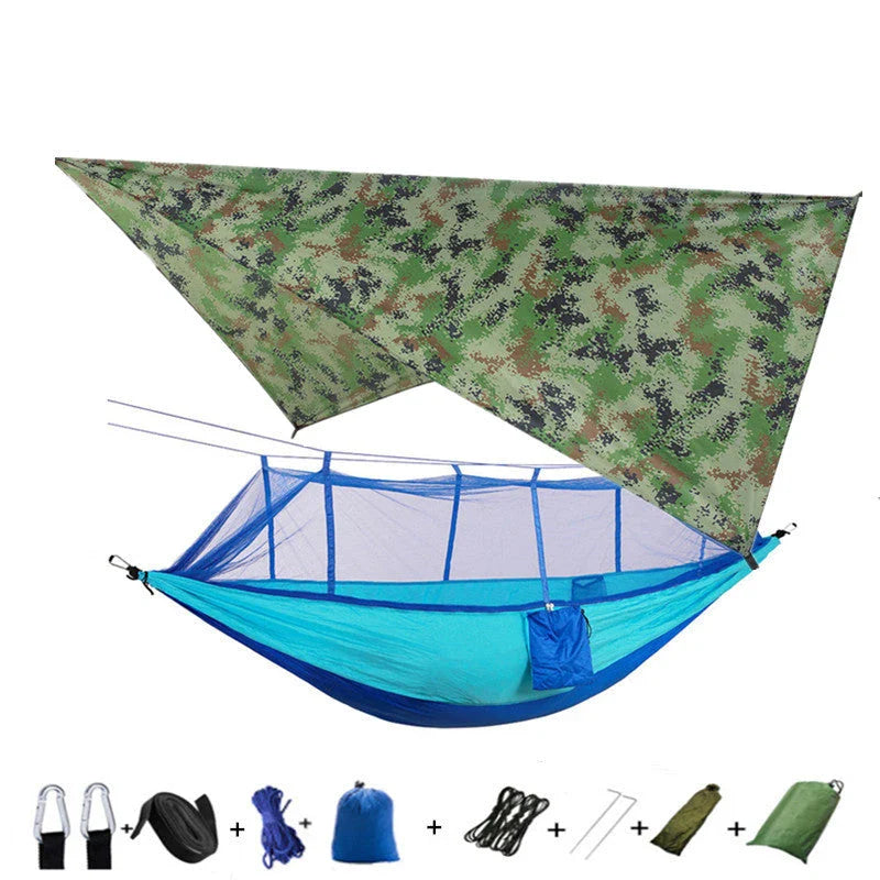 Parachute hammock with mosquito net in various colors and sizes, ideal for outdoor adventures and relaxation