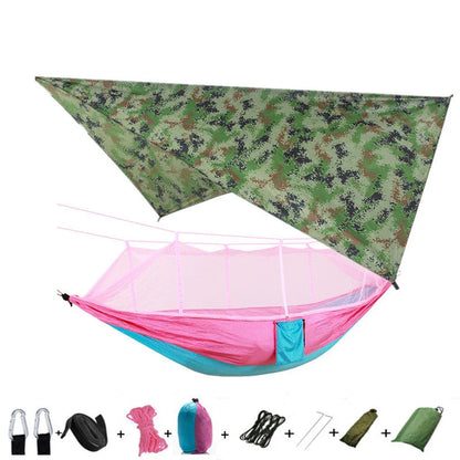 Parachute hammock with mosquito net in various colors and sizes, ideal for outdoor adventures and relaxation