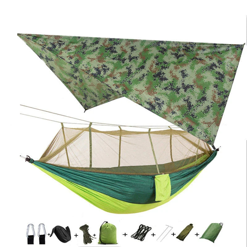Parachute hammock with mosquito net in various colors and sizes, ideal for outdoor adventures and relaxation