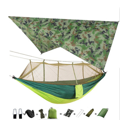 Parachute hammock with mosquito net in various colors and sizes, ideal for outdoor adventures and relaxation