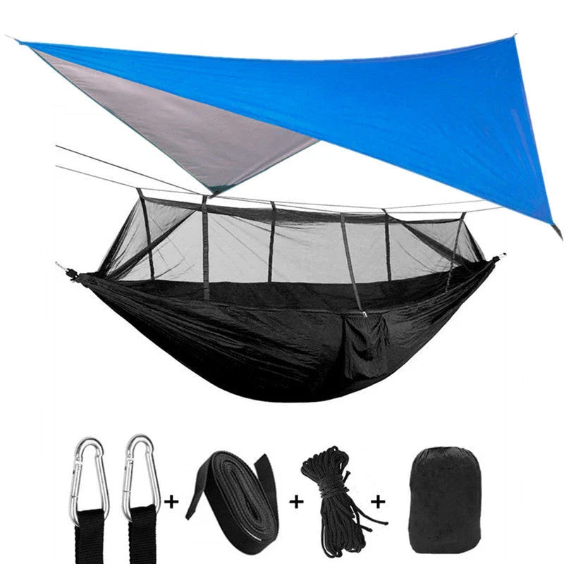 Parachute hammock with mosquito net in various colors and sizes, ideal for outdoor adventures and relaxation