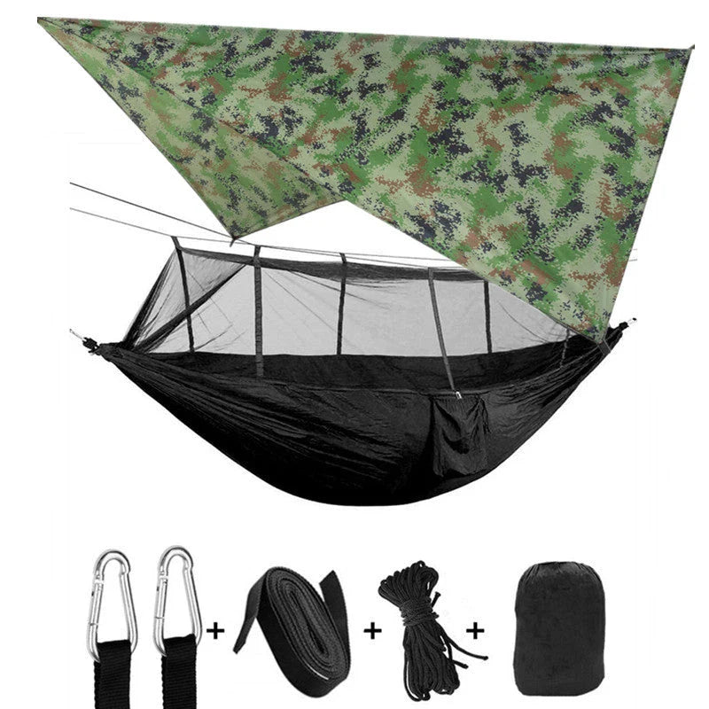 Parachute hammock with mosquito net in various colors and sizes, ideal for outdoor adventures and relaxation