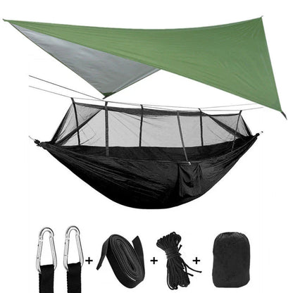 Parachute hammock with mosquito net in various colors and sizes, ideal for outdoor adventures and relaxation